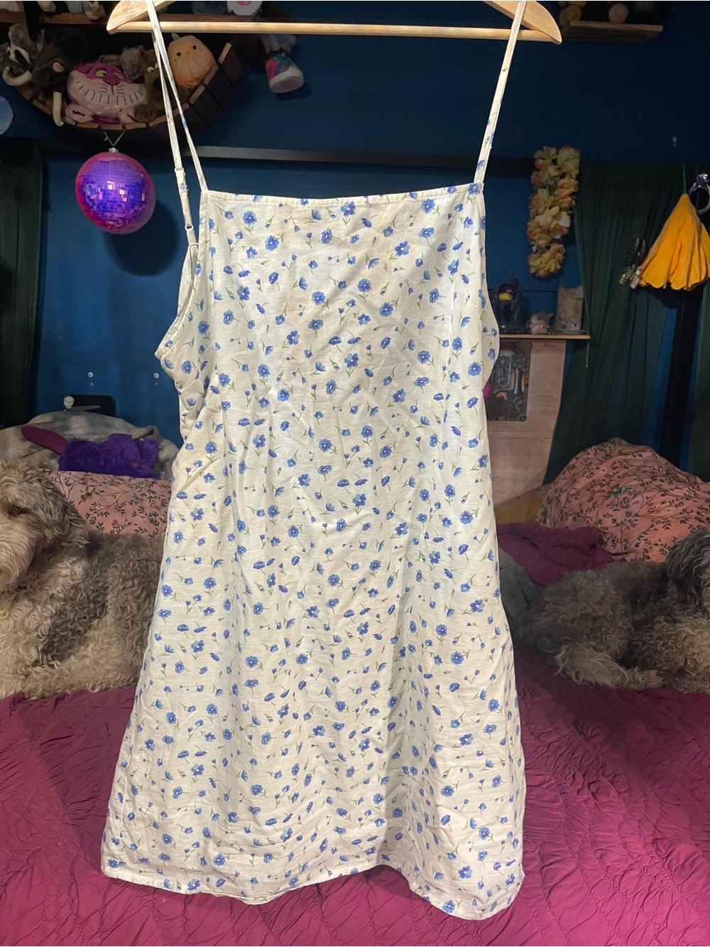 American Eagle Outfitters White Floral Backless Slip Dress with Blue Flowers